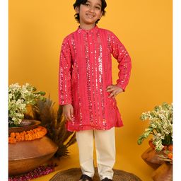 Saka Designs By Sapna Full Sleeves Georgette Sequenced Embroidered Kurta with Sequin Detailing & Solid Colour Pyjama Set - Pink-image-30