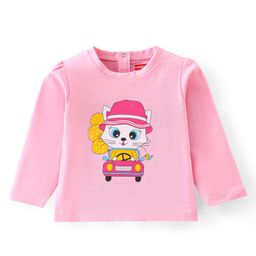 Babyhug 100% Cotton Knit Full Sleeves T-Shirt with Kitty Print - Pink-image-91
