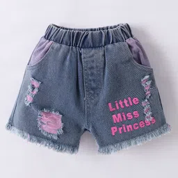 Kookie Kids Mid Thigh Length Washed Shorts with Text Print - Blue-picture-2
