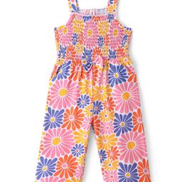 Babyhug Single Jersey Knit Sleeveless Jumpsuit With Floral Print & Bow Applique - Orange Pink & Purple-image-77