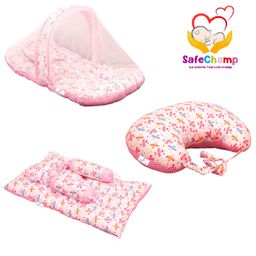 SafeChamp Lite Air Baby Feeding Pillow And 4 Piece - Bed Set With Pillow And 2 Bolsters And Bedding Set Combo (Pack - 3) (Pink)-14