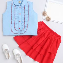 Aww Hunnie 100% Cotton Sleeveless Frill Detailed Top With Layered Skirt Set - Blue-image-124