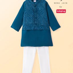 Babyhug Woven Full Sleeves Solid Colour Kurta Pyjama Set with Sequined Embroidered Nehru Jacket - Teal Blue-image-70