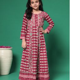 READIPRINT Cotton Three Fourth Sleeves Floral Printed Anarkali Style Dress - Maroon-picture-18