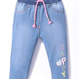 Little Kangaroos Cotton Knit Full Length Washed Denim Jeans with Text Embroidery - Light Blue-picture-33