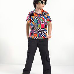 Ollington St. Half Sleeves Twill Shirt & Woven Joggers Set Printed - Multicolor & Black-image-97