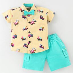 Dapper Dudes Half Sleeves Vehicles Printed Shirt With Bow & Shorts - Fawn-image-82