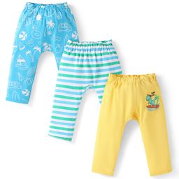 Doodle Poodle Interlock Knit Full Length Diaper Leggings With Stripes & Surfing Print Pack of 3 - Yellow White & Light Blue-image-96