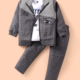 Rikidoos Full Sleeves Striped & Checked Jacket With Typography Printed Tee & Pant - Grey & White-image-66