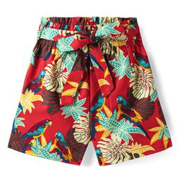 CrayonFlakes Cotton Birds Printed Shorts With Bow Applique Detailed Attached Belt - Red-image-58