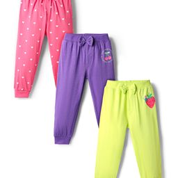Babyhug Cotton Terry Knit Full Length Heart Printed Lounge Pants With Bow Applique Pack Of 3 - Pink Purple & Lime Green-image-44