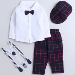 BUMZEE Cotton Woven Full Sleeves Solid Color Shirt with Checked Pant & Suspender Cap Set - Navy Blue & White-image-60