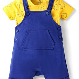 Doodle Poodle 100% Cotton Knit Half Sleeves Bear Printed T-Shirt with Dungaree - Yellow & Blue-image-91