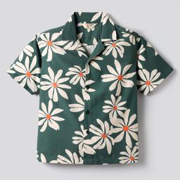 Primo Gino 100% Viscose Half Sleeves Daisy Print Drop Shoulder Resort Collar Shirt - Dark Green-image-85