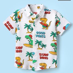 Babyhug Cotton Knit Half Sleeves Shirt With Dino Print - White-image-128