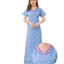 Piu Cotton Woven Half Sleeves Floral Printed Plus Size Maternity Nighty With Nursing Access - Blue-image-5