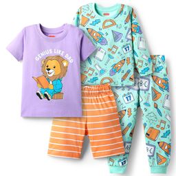 Babyhug Cotton Knit Half Sleeves Shorts Set With Lion Print & Full Sleeves Night Suit With Rocket Print - Multicolour-image-32