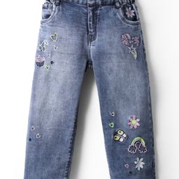 Olio Kids Denim Woven Full Length Jeans With Floral Embriodery - Blue-image-73