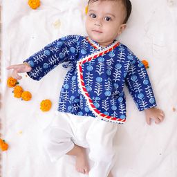 BownBee Cotton Woven Full Sleeves Floral Printed Gota Lace Embellished Kurta Pyjama Set - Blue-picture-46