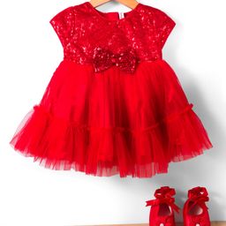 Babyhug Mesh Woven Cap Sleeves Party Dress With Sequinned Yoke & Booties - Red-picture-40