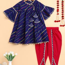 The Magic Wand Cotton Woven Half Bell Sleeves Leheriya Printed Kurti Dhoti Set - Blue-image-91