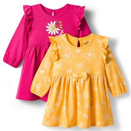 Doodle Poodle Cotton Knit Full Sleeves Frocks with Floral & Butterfly Print & Frill Detailing Pack Of 2- Dark Pink & Mustard-picture-40