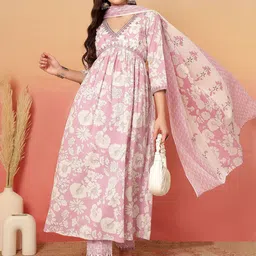 Sangria Women Floral Printed Thread Work Pure Cotton Kurta, Trouser & Dupatta-picture-56