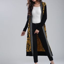 W Women Mustard Yellow & Black Printed Front-Open Longline Cardigan-17