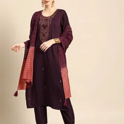 Anouk Women Burgundy Floral Embroidered Kurta with Trousers & With Dupatta-picture-9