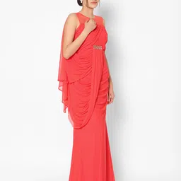Kiya Red Solid Net Drape Gown with Metallic Detail image 3
