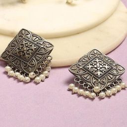 BMINO Silver Plated Beaded Geometric Drop Earrings-image-2