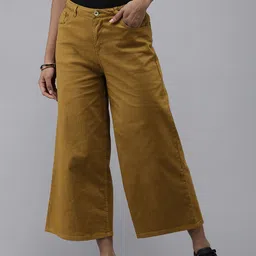 Roadster Women Brown Solid Flared Fit Regular Trousers-image-1
