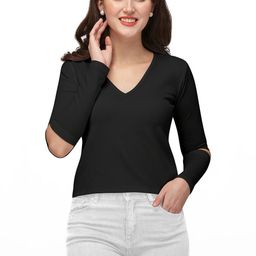 GADHESARIYA Woman Solid Black Slit Sleeve Top-image-88