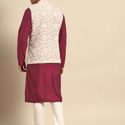 KISAH Men Maroon Kurta with Churidar & Nehru Jacket image 2
