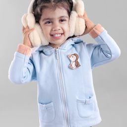 Babyoye Cotton Brushed Fleece Full Sleeves Hooded Jacket Penguin Print - Blue-image-10