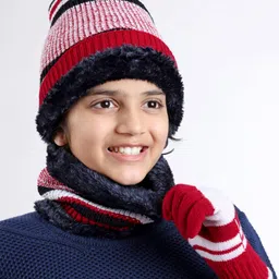 Pine Kids Knitted Woollen Cap Gloves & Snood Set with Striped & Cable Knit Design Blue - Diameter 14.5 cm-picture-4