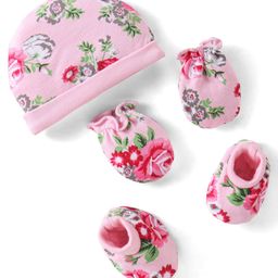 Babyhug 100% Cotton Knit Cap Mittens & Booties Set Floral Print - Pink-image-93