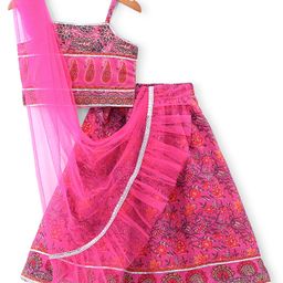Babyhug Sleeveless Chanderi Printed Choli with Lehengaand Dupatta Set - Pink-picture-13