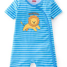 Babyhug 100% Cotton Knit Half Sleeves Romper With Striped & Lion Print - Blue-99