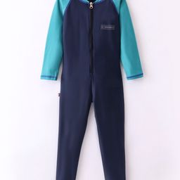 Rovars Cotton Lycra Full Sleeves Solid Color Body Swimsuit - Navy Blue & Green-image-72