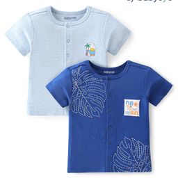 Babyoye 100% Cotton Knit With Eco Jiva Finish Half Sleeves Set of Vests Leaf Print Pack of 2 - Blue-image-88