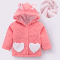 Kookie Kids Full Sleeves Solid Color Hooded Jacket With Bunny Ears Applique & Heart Design - Pink-image-31