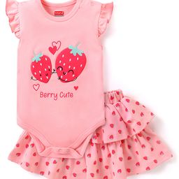 Babyhug 100% Cotton Frill Sleeves Onesies With Skirt Strawberry Print - Pink-image-93