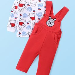 Babyhug Disney Knit Full Sleeves Winnie The Pooh Graphic T-Shirt Terry Dungaree Set & Applique Detailing Dungaree - Red-image-96