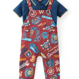 Babyhug Single Jersey Knit Dungaree with Polo T-Shirt Text Print - Navy Blue & Red-image-69