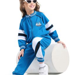 Ollington St. Cotton Knit Full Raglan Sleeves Colour Blocked Striped Sweatjacket & Joggers Set - Blue-image-94