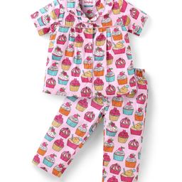Babyhug Cotton Knit Half Sleeves Front Open Night Suit with Ice Cream Print - Pink-image-33
