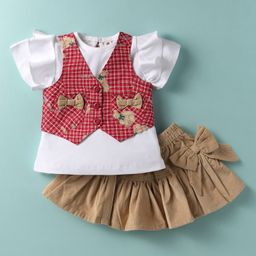 ToffyHouse Interlock Knit Half Sleeves Top & Skirt Set With Checks Jacket & Bow Applique - Red White & Brown-picture-6