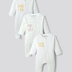 Bonfino 100% Cotton Knit Full Sleeves Sleepsuit With Star Print & Text Embriodery Pack Of 3 - White-image-10