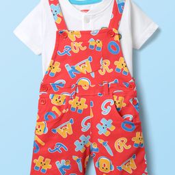 Babyhug Single Jersey Knit Half Sleeves T-Shirt & Dungaree With Alphabet Print - White & Red-image-56